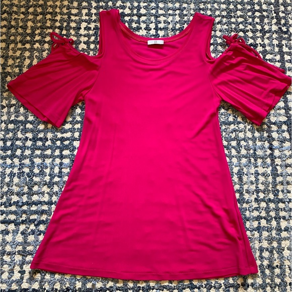Hot pink cold shoulder top. Barely worn. Gathered at arm with tie. Size 10 - Picture 1 of 2